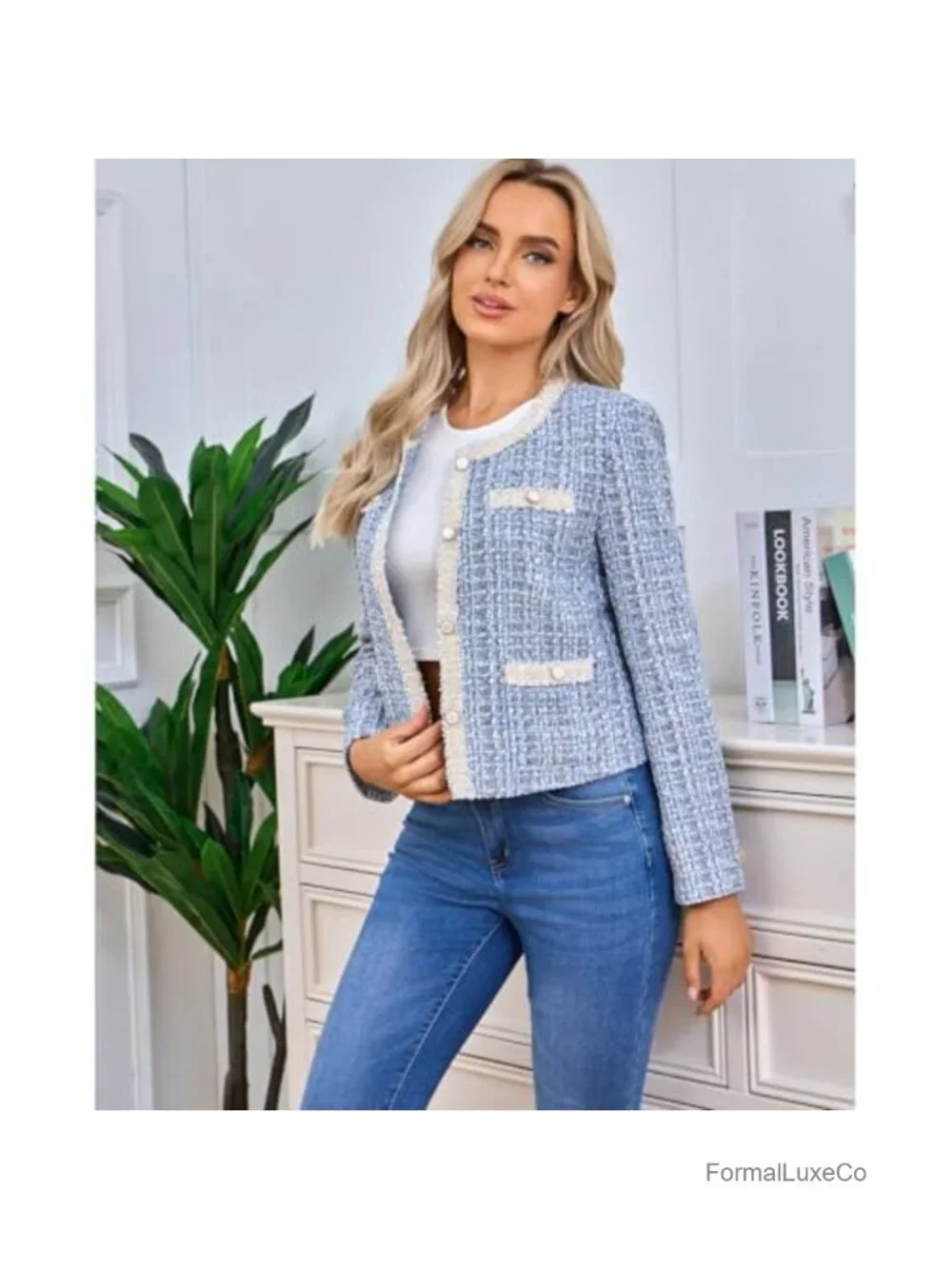 Women's Tweed Cropped Blazer Long Sleeve Crewneck Open Front Lace Trim Plaid
